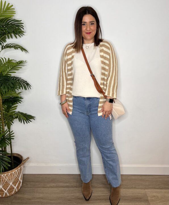 chaqueta punto kimono rayas beige mujer moda