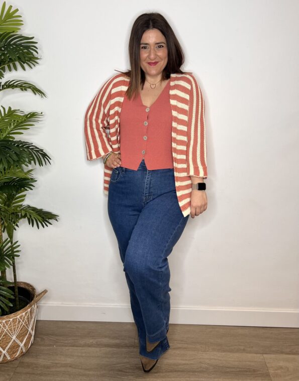Chaqueta kimono punto rayas coral mujer moda