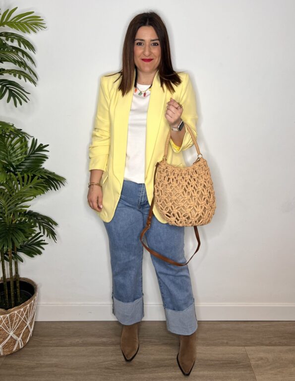 blazer sastre manga fruncida mantequilla amarillo moda mujer americana