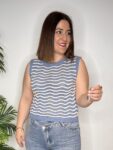 moda mujer top jersey ondas calados azul