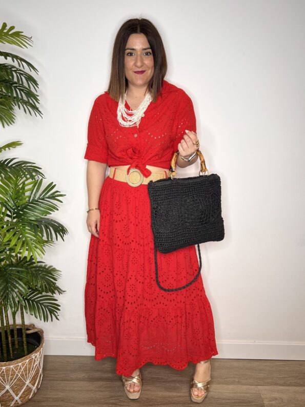 falda calados batista algodón rojo