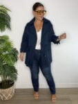 Sahariana azul marino gabardina chaqueta safari moda mujer