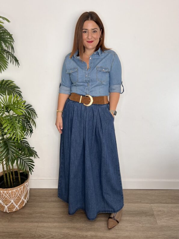 falda denim larga vuelo moda mujer joven tendencias
