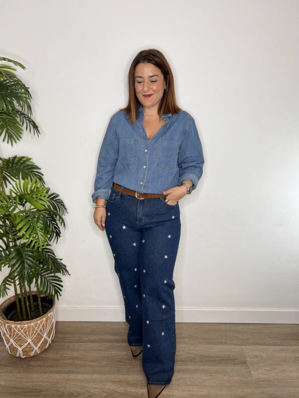 pantalon vaquero bordados estrella wide leg moda mujer joven tendencia