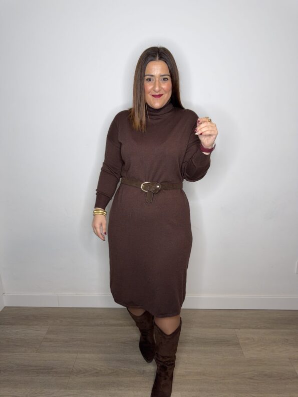 vestido punto cuello vuelto mujer 42 44 moda tendencia marrón chocolATE