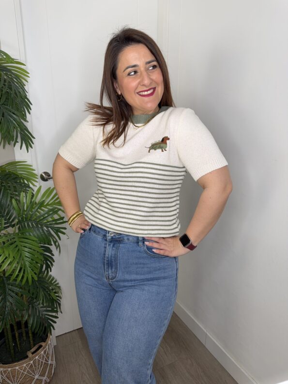 jersey manga corta algodón verano teckel tendencia perro rayas moda mujer