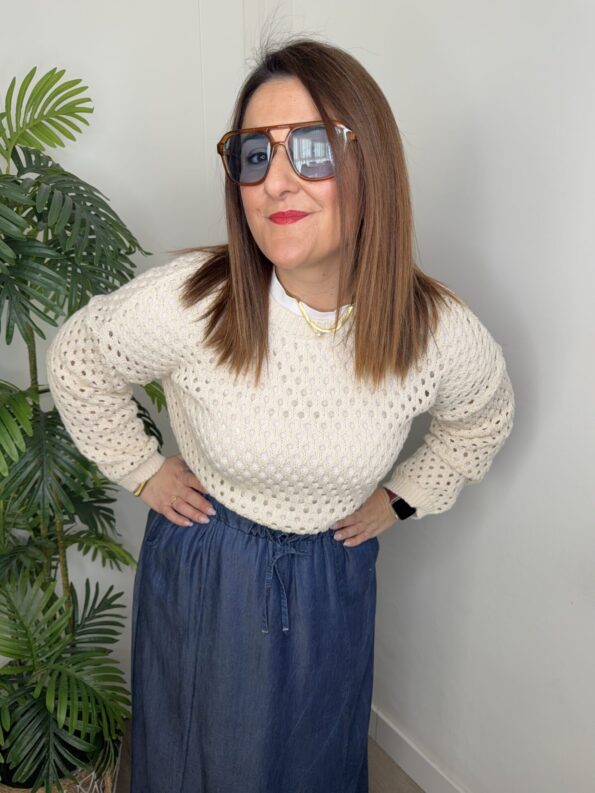 Jersey calado manga larga hilo algodón primavera moda mujer tendencia joven
