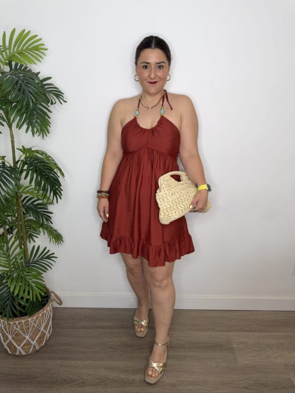 Vestido corto verano escote halterofilia terracota