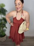 Vestido corto verano escote halterofilia terracota