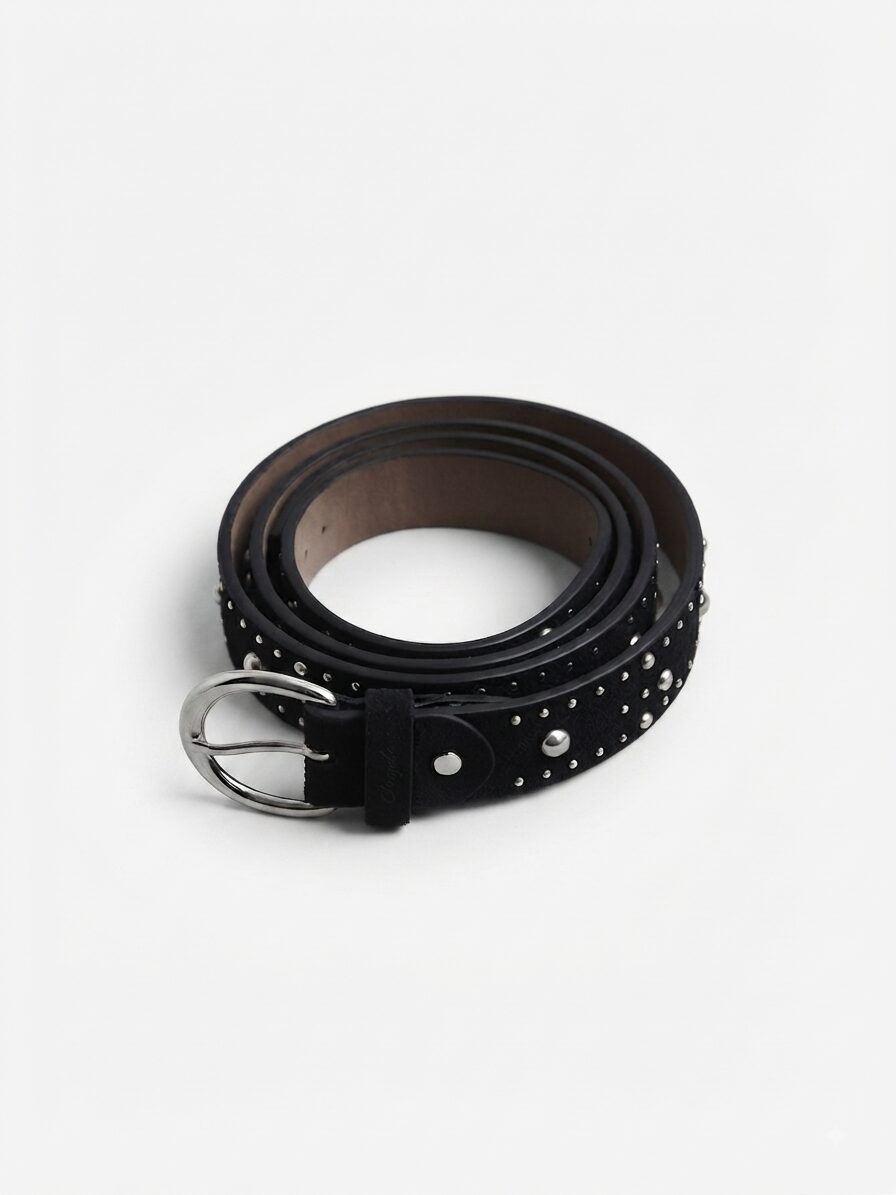 Cinturón antelina PLATA TACHAS – NEGRO